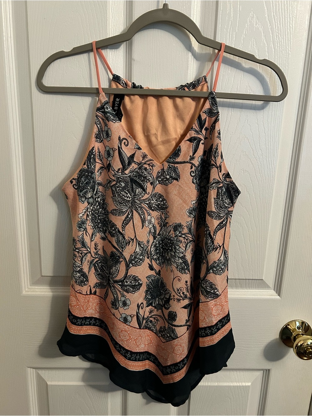 Peach and Navy Blue Floral V-Neck Tank Top